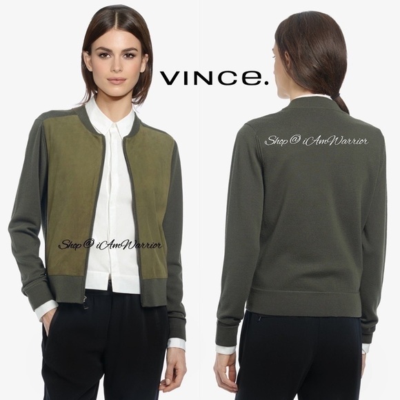 Vince olive genuine suede & wool zip up bomber jacket *shop@iamwarrior - Picture 2 of 9
